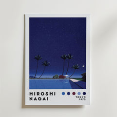 Bozetto Hiroshi Nagai Starry Night Pool Poster visar en stjärnklar natthimmel, halvmåne, palmer och pool, med "Hiroshi Nagai", färgprover, "Tokyo", "drömmar" och "1973" tryckt längst ner.