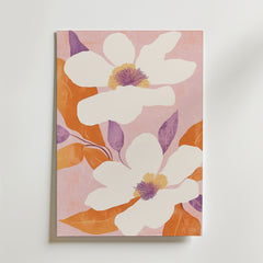 Pink Peony Flower Poster by Bozetto har två stora vita blommor med gul mitt, orange blad och lila accenter på en mjuk rosa bakgrund - perfekt för elegant inredning och tryckt på premiumpapper.