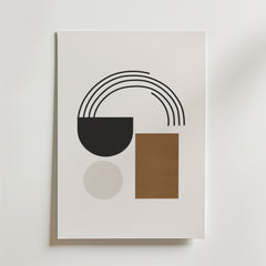 Retro Abstract Arch Poster by Bozetto har en svart halvcirkel med böjda linjer, en brun rektangel och en ljus beige cirkel på en vit bakgrund - perfekt för interiörer med rena linjer och neutrala toner.