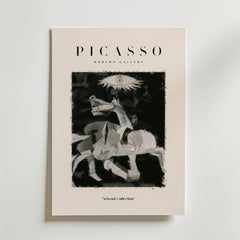Bozettos "Picasso The Weeping Horse Poster" visar kubistisk konst med en Picasso-inspirerad abstrakt häst och ryttare i svart, vitt och grått samt ett öga ovanför. "PICASSO" står högst upp och "Artwork Collection" nedanför.