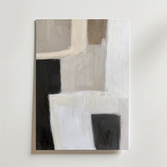 Abstract Balance Poster by Bozetto visar rektangulära former i svart, vitt, beige och taupe på en ljus bakgrund - tryckt på premiumpapper med en lyxig matt yta för en raffinerad finish.