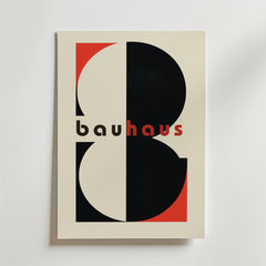 Bauhaus Abstract Typography Poster by Bozetto har svarta och röda geometriska former och modern text med små bokstäver på en ljus bakgrund, tryckt på premiumpapper med en matt finish för en raffinerad, modern stil.