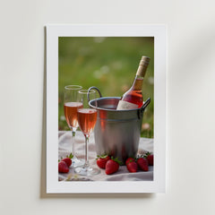 Bozetto Strawberry Picnic Poster föreställer två roséglas, en flaska i en ishink och jordgubbar på en vit duk utomhus. Tryckt på FSC-certifierat premiumpapper med en elegant matt yta.
