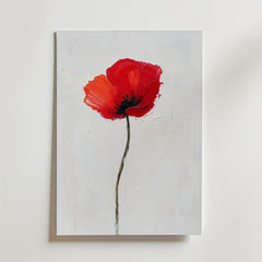 Lonely Rose Poster från Bozetto har en minimalistisk målning av en röd vallmo med mörk mitt, tunn grön stjälk och texturerade penseldrag på en skarp vit bakgrund - ett elegant och högkvalitativt tillägg till ditt rum.