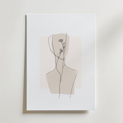Minimalistisk linjeteckning av en människa med blommor i ansiktet på en vit bakgrund med beige accent-Inner Bloom Poster by Bozetto, tryckt på exklusivt premiumpapper.