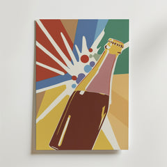 Bozetto Soda Splash Poster har en livfull pop art-illustration av en sodaflaska i brunt glas med dynamiska stänk och geometriska former - ett iögonfallande tillägg till alla väggdekorationer.