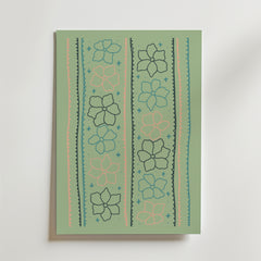 Bozetto Pastel Garden Lines Poster har en modern ljusgrön bakgrund med vertikala linjer, pastellfärgade accenter, rosa och mörkgröna blomsterillustrationer, blå stjärnor och vågiga dekorativa kanter i blått och persika.