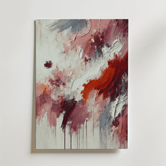 Bozetto Fluid Geometry No.2 Poster har djärva streck i rött, rödbrunt, grått och vitt på en ljus bakgrund, med texturerad, delvis droppad färg för en dynamisk abstrakt look på premiumpapper.