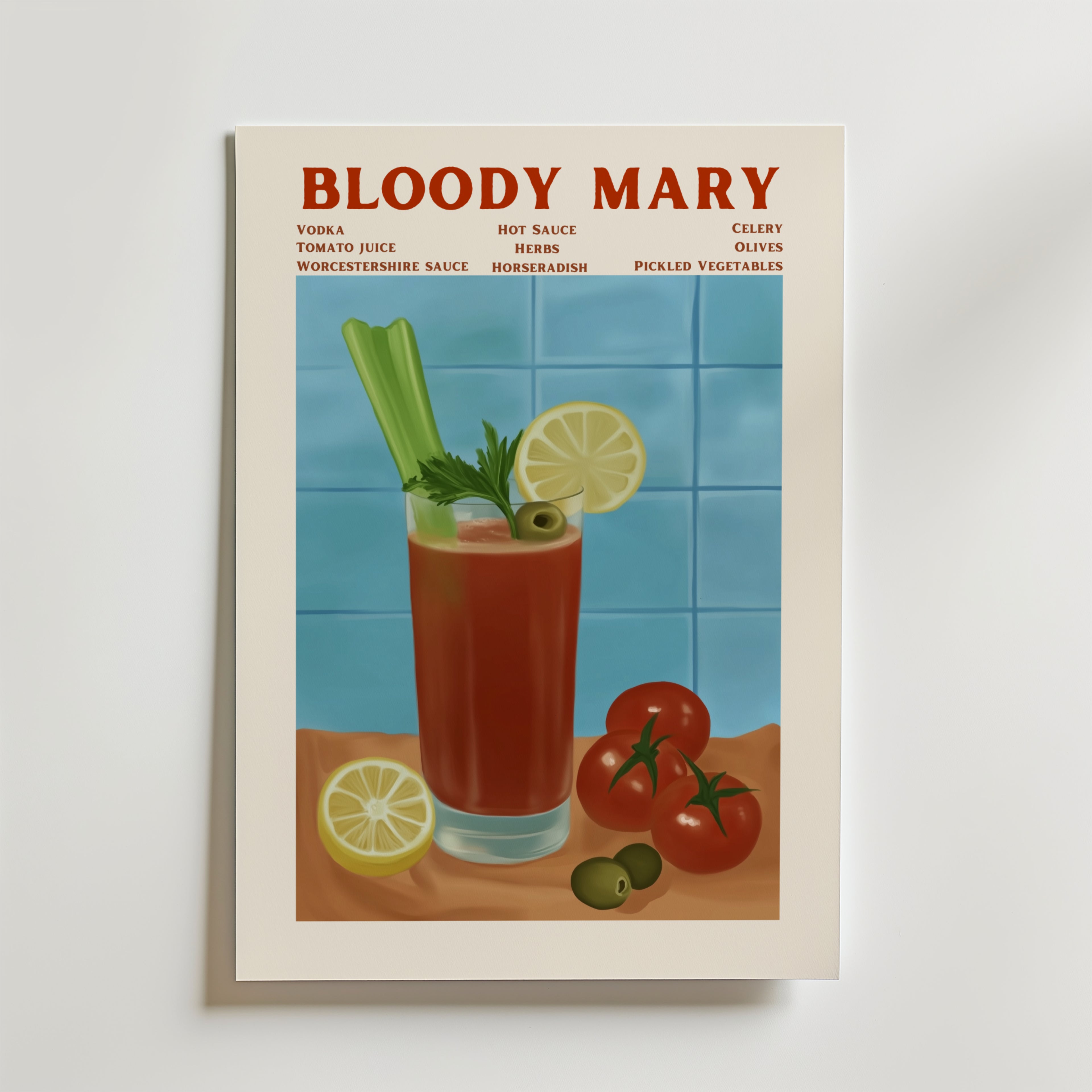Bozetto Bloody Mary Cocktail Poster visar en livlig röd drink med selleri, örter och citrus på en blå kakelbakgrund. Den är tryckt på premiumpapper och har ett recept och djärva tillbehör - en perfekt stilfull accent för ditt kök.