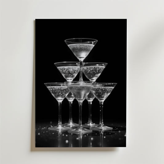 Bozetto Champagne Glas Pyramid Drink Poster visar sex bubbelglas i ett snyggt svartvitt foto som skapar en elegant och festlig känsla - perfekt att visa upp på premiumpapper med en lyxigt matt yta.