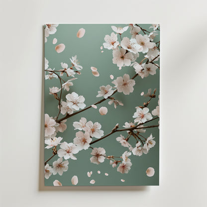 Postern Springtime Blossom Poster från Bozetto föreställer grenar av körsbärsblommor med vita och rosa blommor och fallande kronblad på en mjuk grön bakgrund, tryckt på matt premiumpapper.