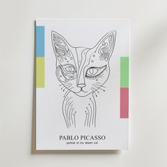 Bozetto Picasso Abstract Cat Portrait Poster visar en minimalistisk linjeteckning av en katt med mönster, geometriska färgblock och texten "PABLO PICASSO portrait of my dream cat" - perfekt för dig som älskar abstrakt konst.