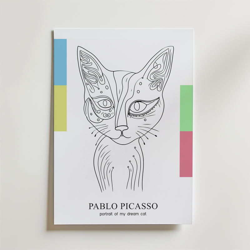 Bozetto Picasso Abstract Cat Portrait Poster visar en minimalistisk linjeteckning av en katt med mönster, geometriska färgblock och texten "PABLO PICASSO portrait of my dream cat" - perfekt för dig som älskar abstrakt konst.