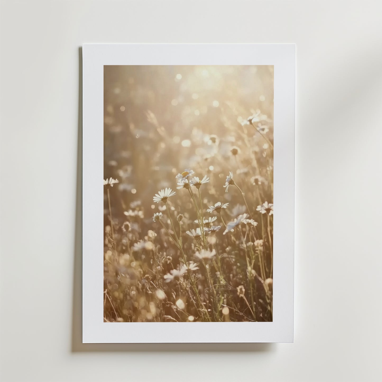 Summer Meadow Poster" av Bozetto föreställer solbelysta prästkragar på en drömsk äng, placerad med en vit matt ram på en ljus vägg och tryckt på FSC-certifierat premiumpapper för en högkvalitativ finish.