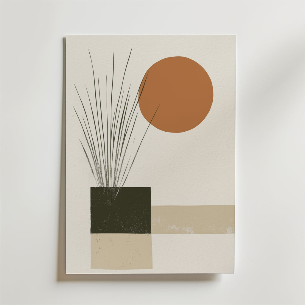 Terracotta Calm Poster från Bozetto har minimalistisk konst: en svart fyrkantig kruka med smala växtstjälkar, en bränd orange cirkel och beige former på en ljus bakgrund. Tryckt på FSC-certifierat premiumpapper.