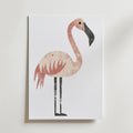 Centered on a white background, the no-9 features a minimalist illustration of an upright pink flamingo with its head turned to the side, created using simple shapes and muted colors.