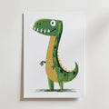 No-9 features a playful illustration of a green dinosaur with a yellow belly and spots, standing upright and smiling, displayed on white paper against a light background.