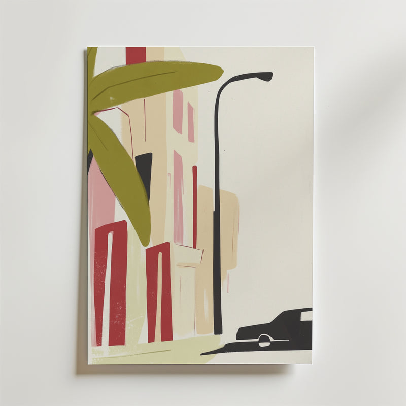 Minimalistiskt konstverk av en stadsgata med en hög byggnad, frodig växt, svart bil och gatlykta i mjuka toner. Tryckt på premiumpapper. Last Stop Before the Sun Sets Poster by Bozetto.