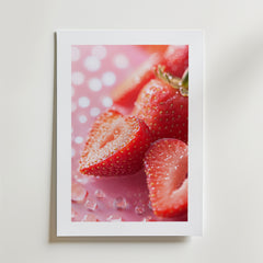 Bozetto's Wet Strawberries Poster visar halverade jordgubbar i närbild med kärnor och saftdroppar på en mjukrosa, bokeh bakgrund. Tryckt på FSC-certifierat premiumpapper.