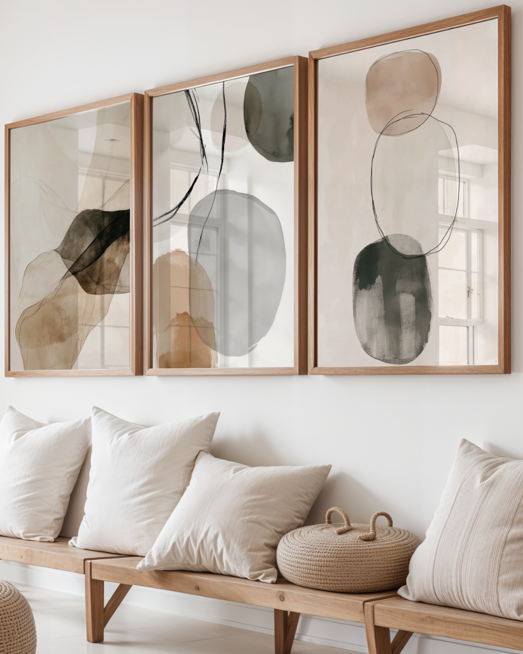 Tre Bozetto Bundle 3-pack Abstrakt No. 1-tryck i neutrala toner hänger ovanför en träbänk med vita kuddar och en flätad korg och skapar en lugn, modern konstvägg i vardagsrummet.