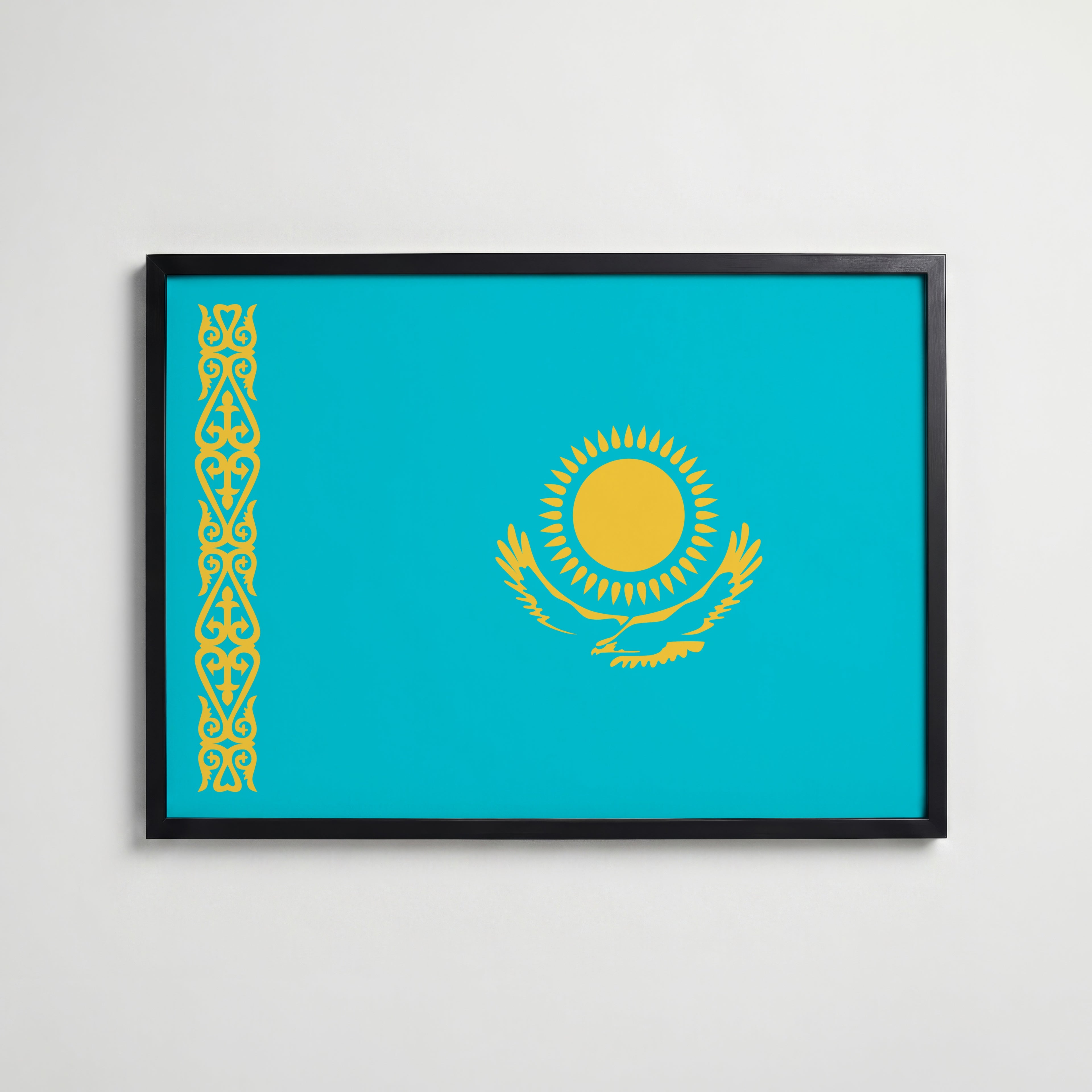 Kazakhstan National Flag Poster i svart ram – stilren konsttryck som väggdekor från Bozetto
