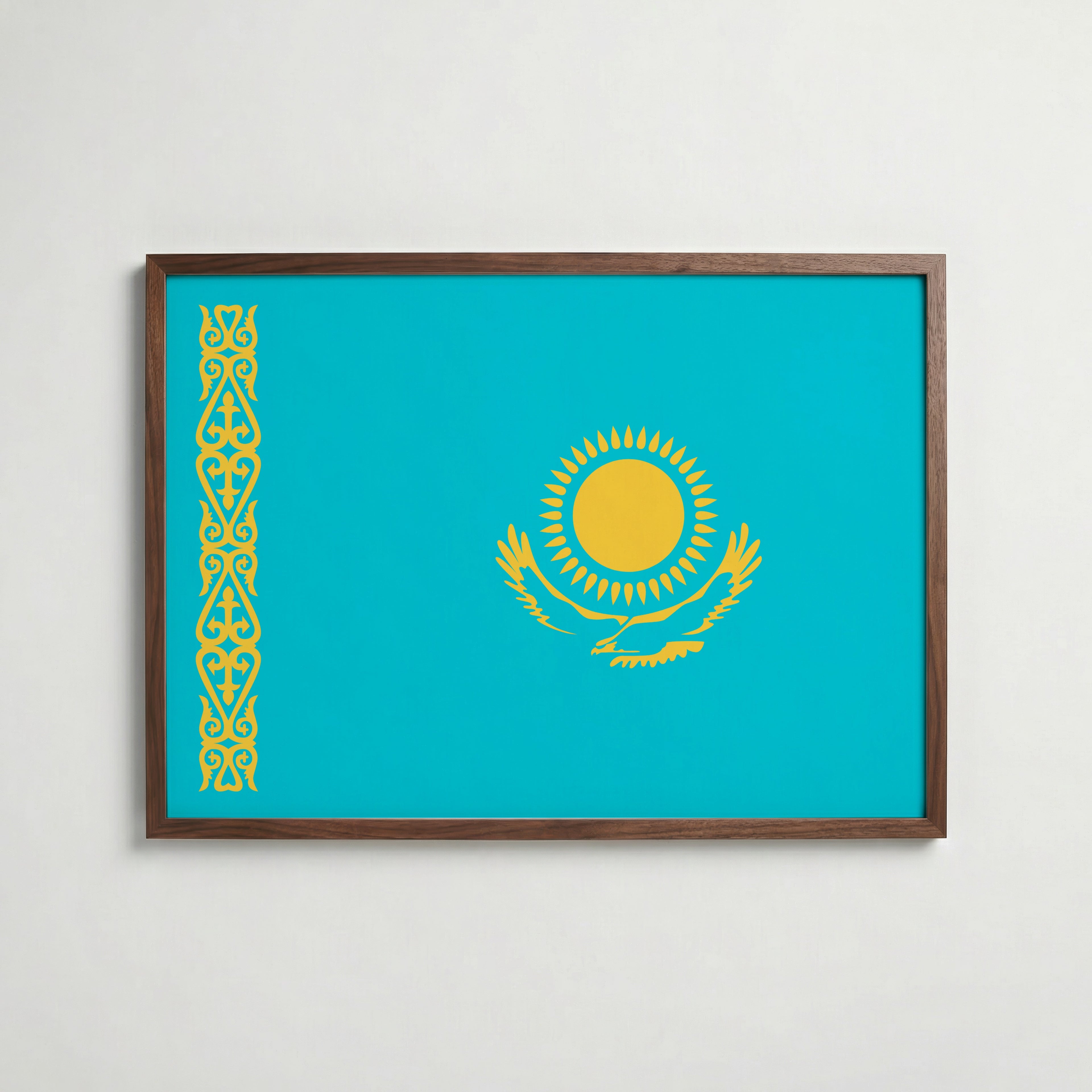 Kazakhstan National Flag Poster i valnötsram – varm konstaffisch för hemmet från Bozetto