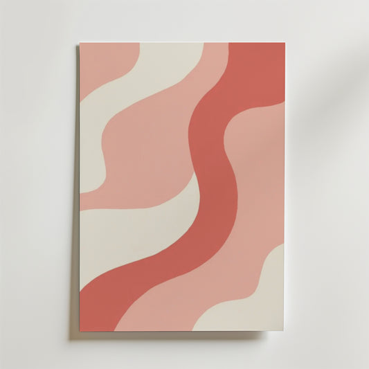 Postern Bozetto Abstract Colorful Shapes No.3 består av vågiga linjer i korallrosa och creme på matt premiumpapper som bildar en böljande design på en rektangulär duk med vit bakgrund.