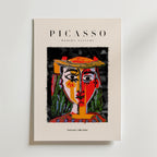 Bozetto Picasso Colorful Female Portrait Poster visar abstrakt, Picasso-inspirerad konst med geometriska former och djärva linjer på en vit bakgrund. Texten lyder PICASSO MODERN GALLERY Artwork Collection.