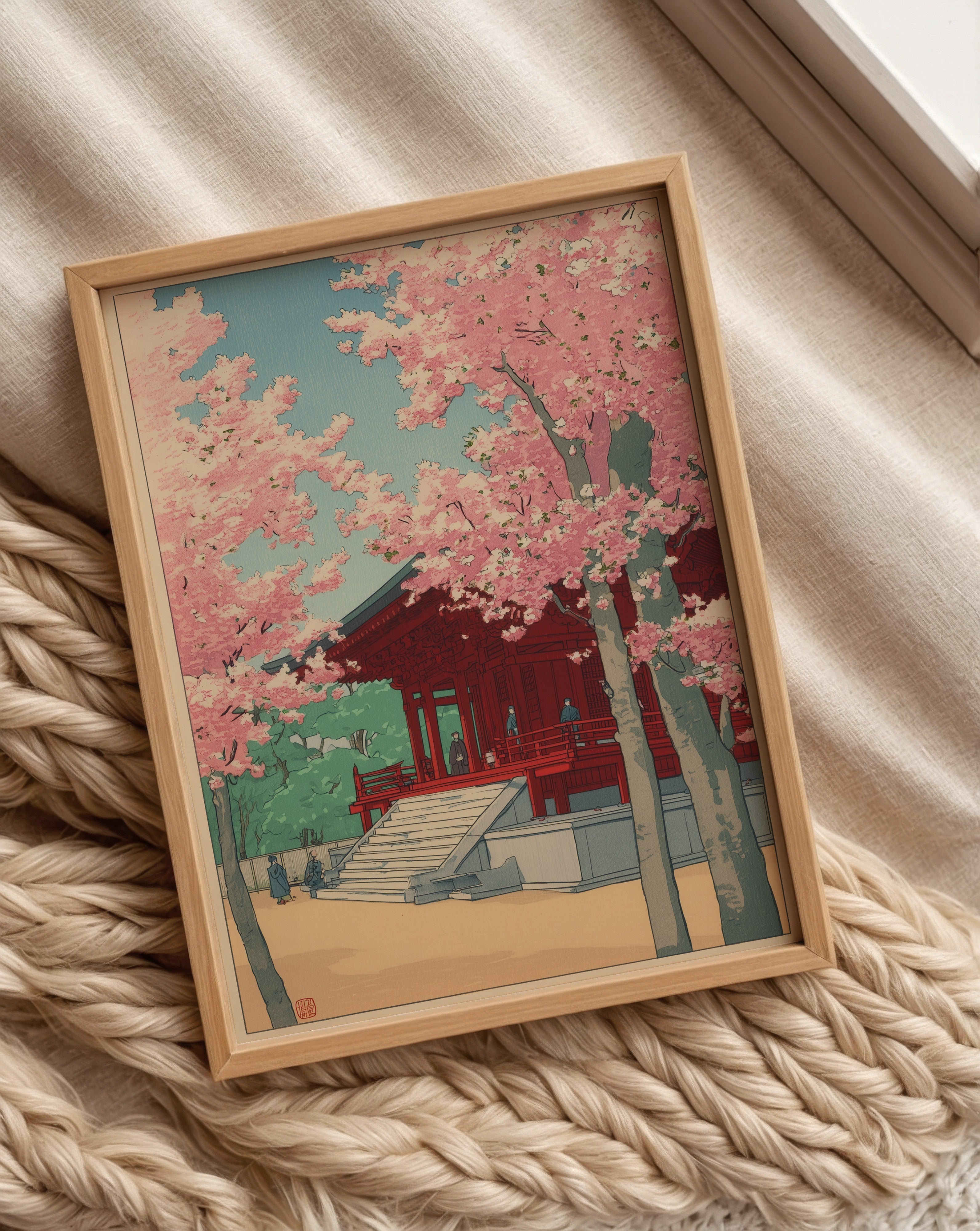 Väggmockup av Sakura Temple affisch på ljus tegelvägg – Bozetto konsttryck i hög tryckkvalitet