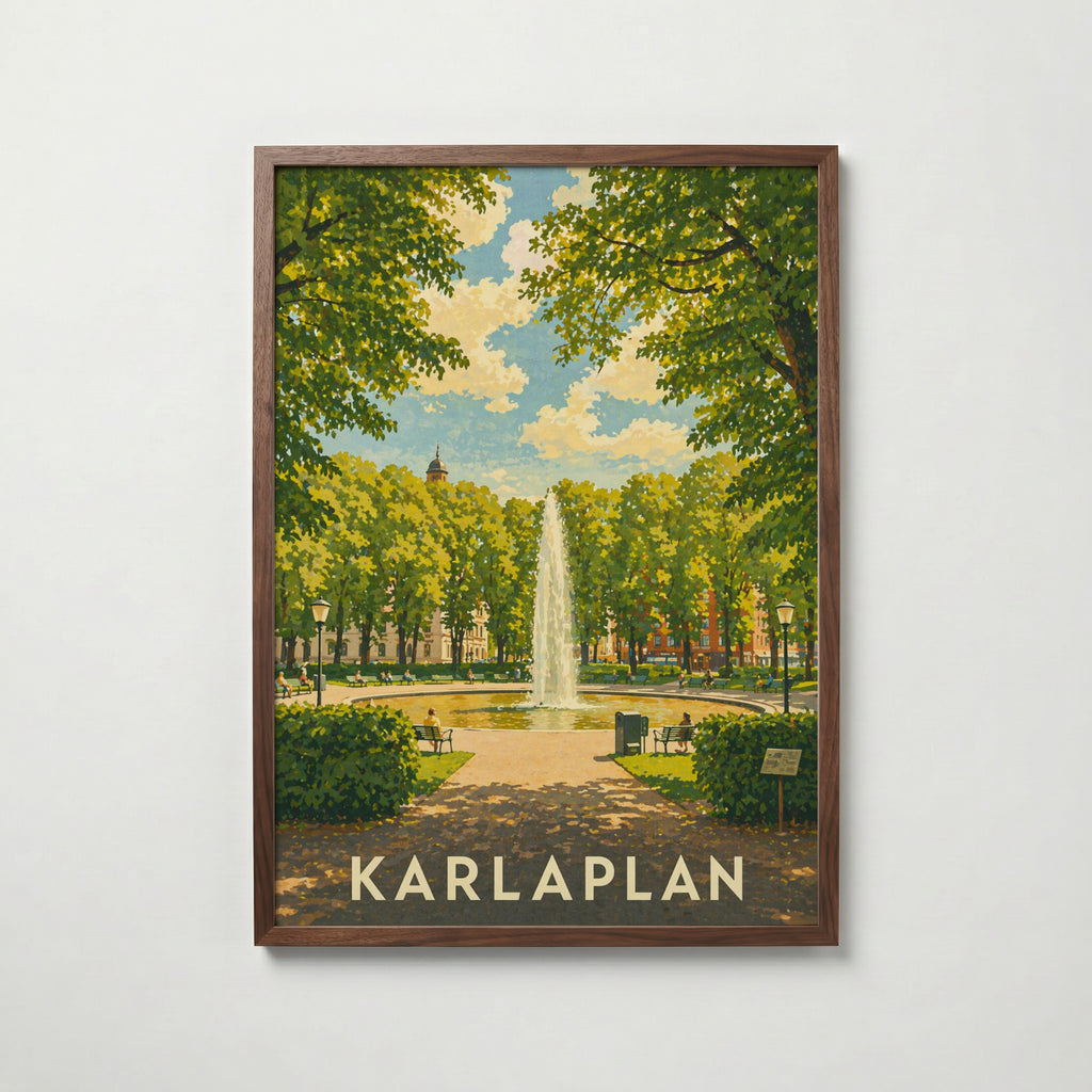 Karlaplan Stockholm Poster i valnötsram – varm konstaffisch för hemmet från Bozetto