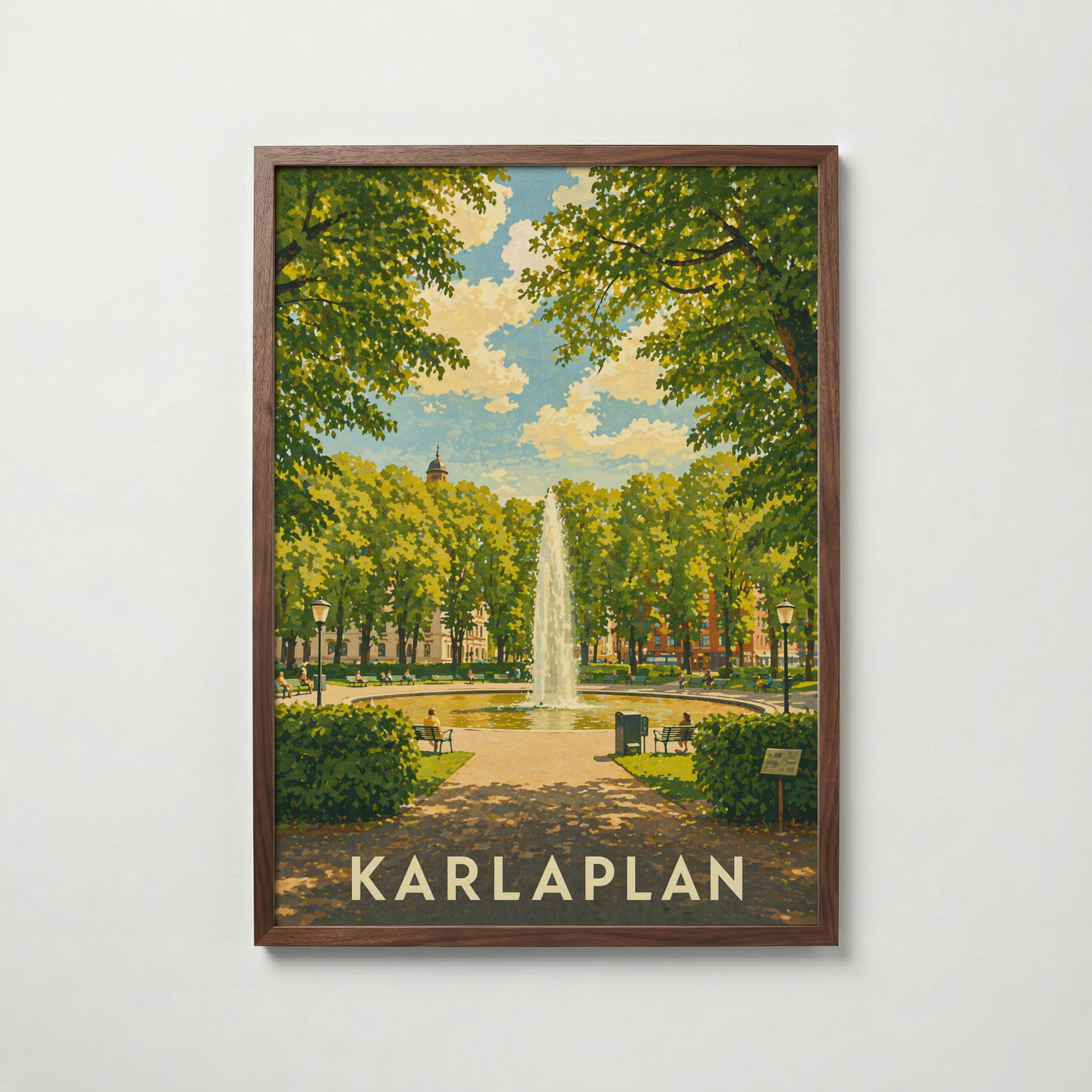 Karlaplan Stockholm Poster i valnötsram – varm konstaffisch för hemmet från Bozetto