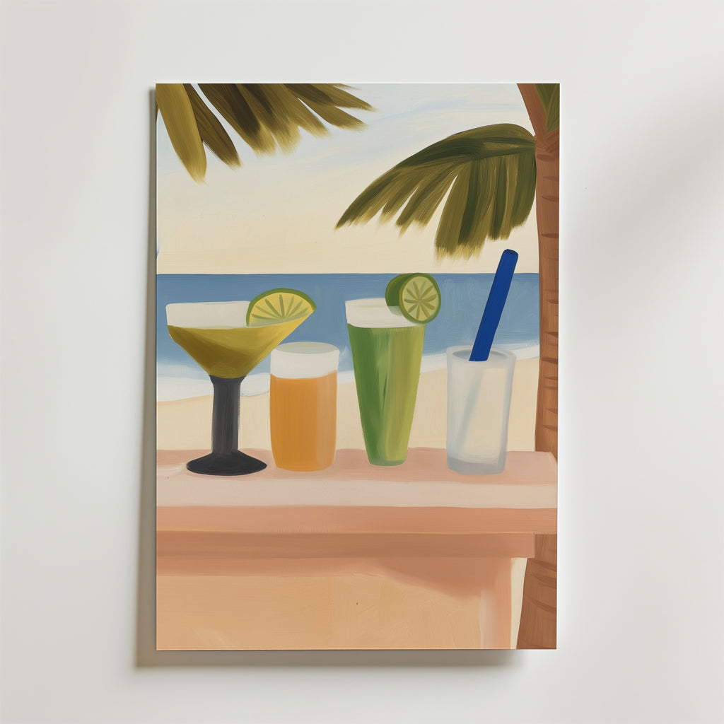 Bozetto Island Vibes Poster föreställer fyra färgglada drinkar på en strandkant, inramad av palmblad och havet. Denna matta affisch är tryckt på FSC-certifierat premiumpapper och framkallar oändlig sommaravkoppling.