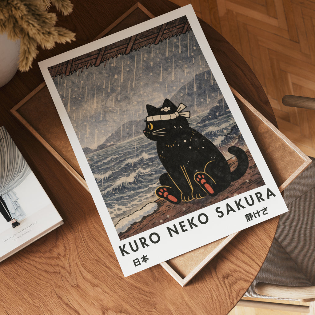 Kuro Neko Rain Cat Poster