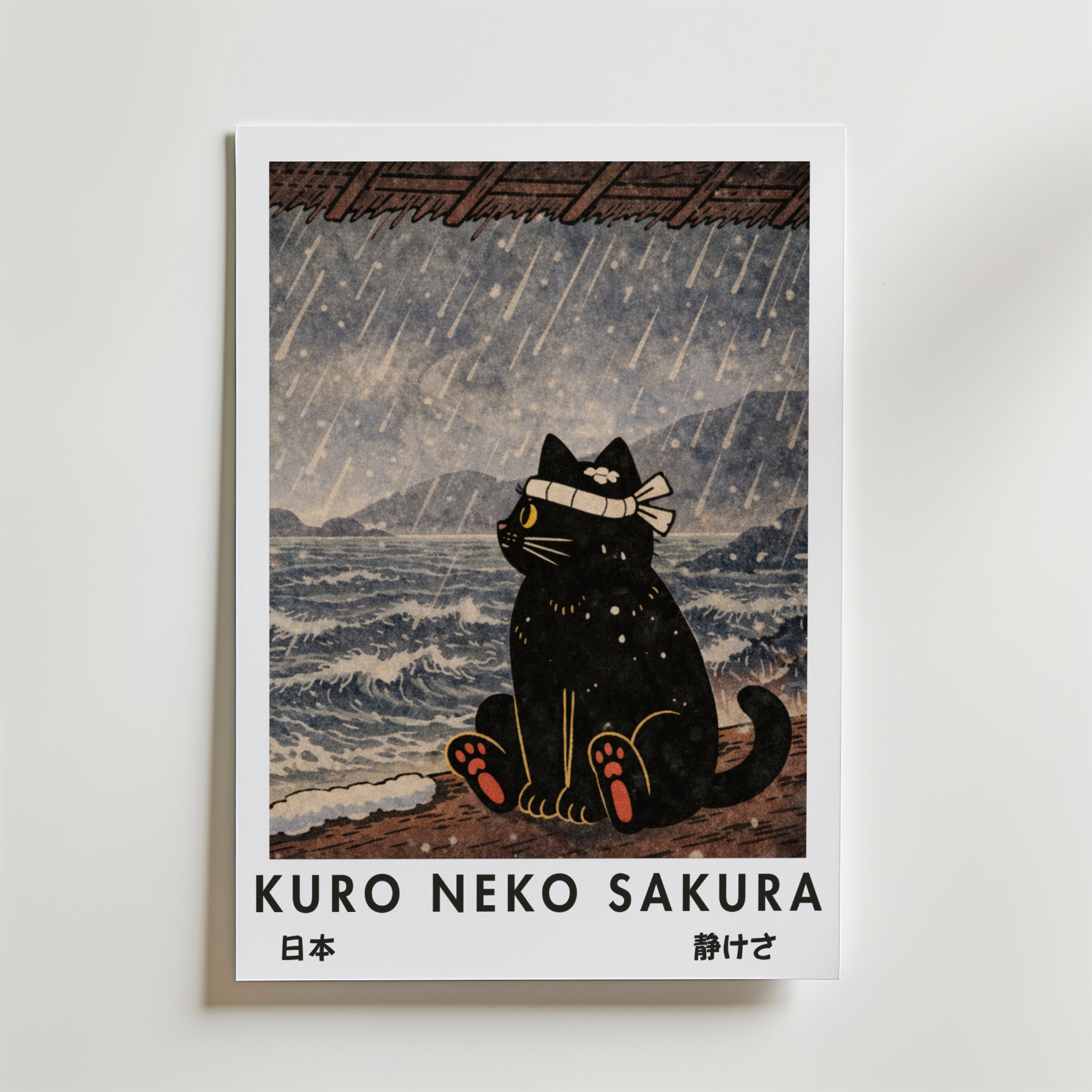 Kuro Neko Rain Cat Poster