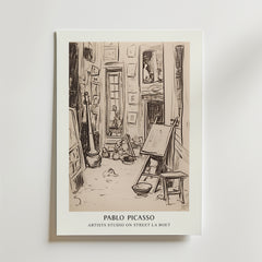 Bozetto Picasso Echoes of Creation Poster har en skissliknande scen av en konstnärs studio, vilket gör den perfekt som sepia väggkonst för att inspirera till kreativitet i alla utrymmen.