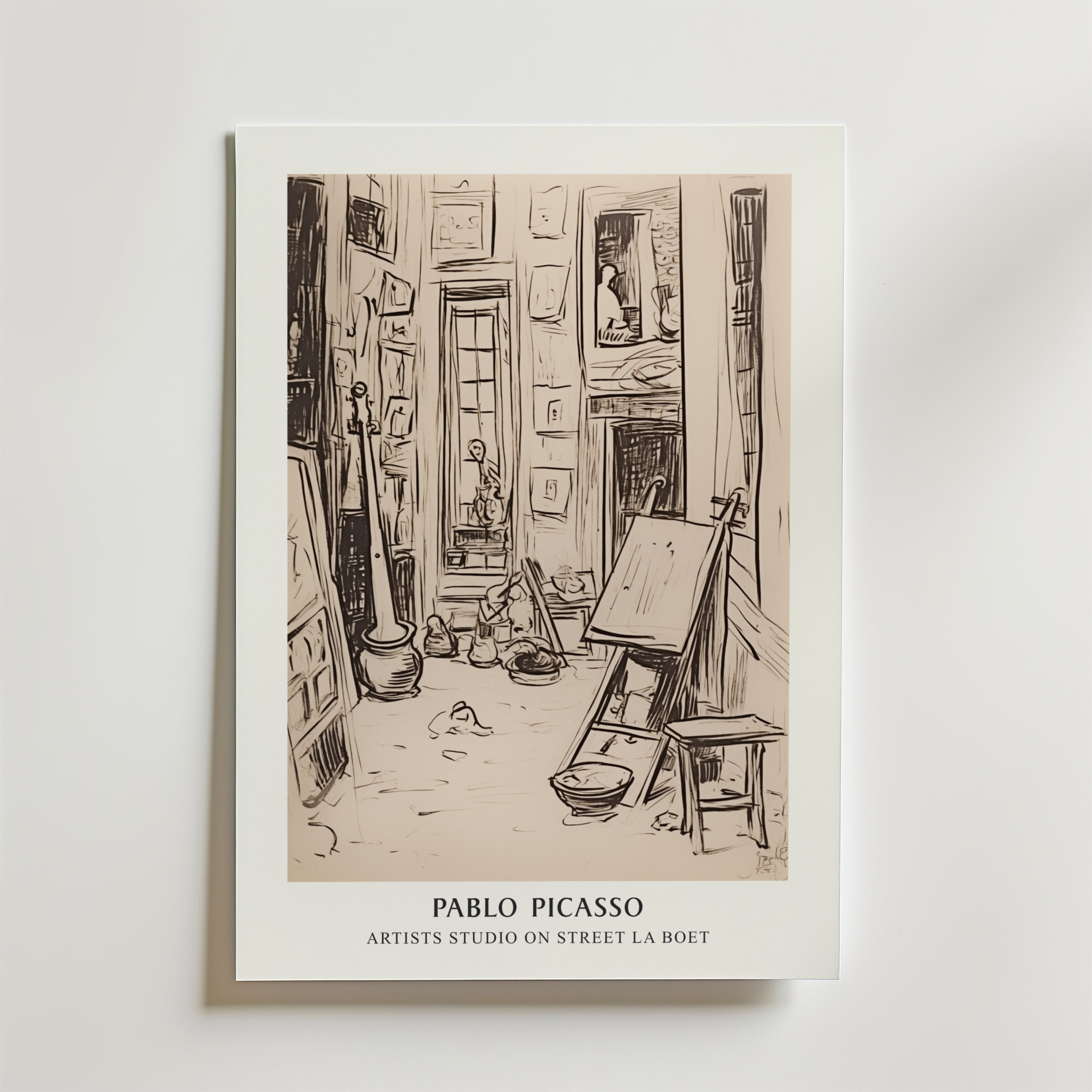 Bozetto Picasso Echoes of Creation Poster har en skissliknande scen av en konstnärs studio, vilket gör den perfekt som sepia väggkonst för att inspirera till kreativitet i alla utrymmen.