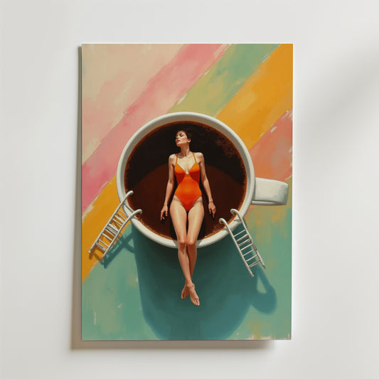 Bikini Coffe Poster från Bozetto visar en kvinna i röd baddräkt som slappar på en gigantisk kaffekopp, med stegar och en pastellrandig bakgrund, allt tryckt på matt yta premiumpapper för en snygg look.