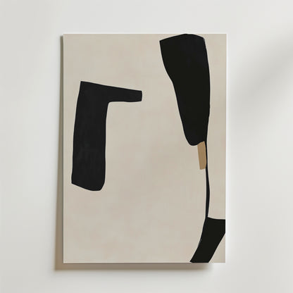 Bozetto Minimal Abstract Form Poster är tryckt på premiumpapper med en matt finish och har en asymmetrisk, modern minimalistisk design med geometriska former i svart på en beige botten med en liten solbrun accent.
