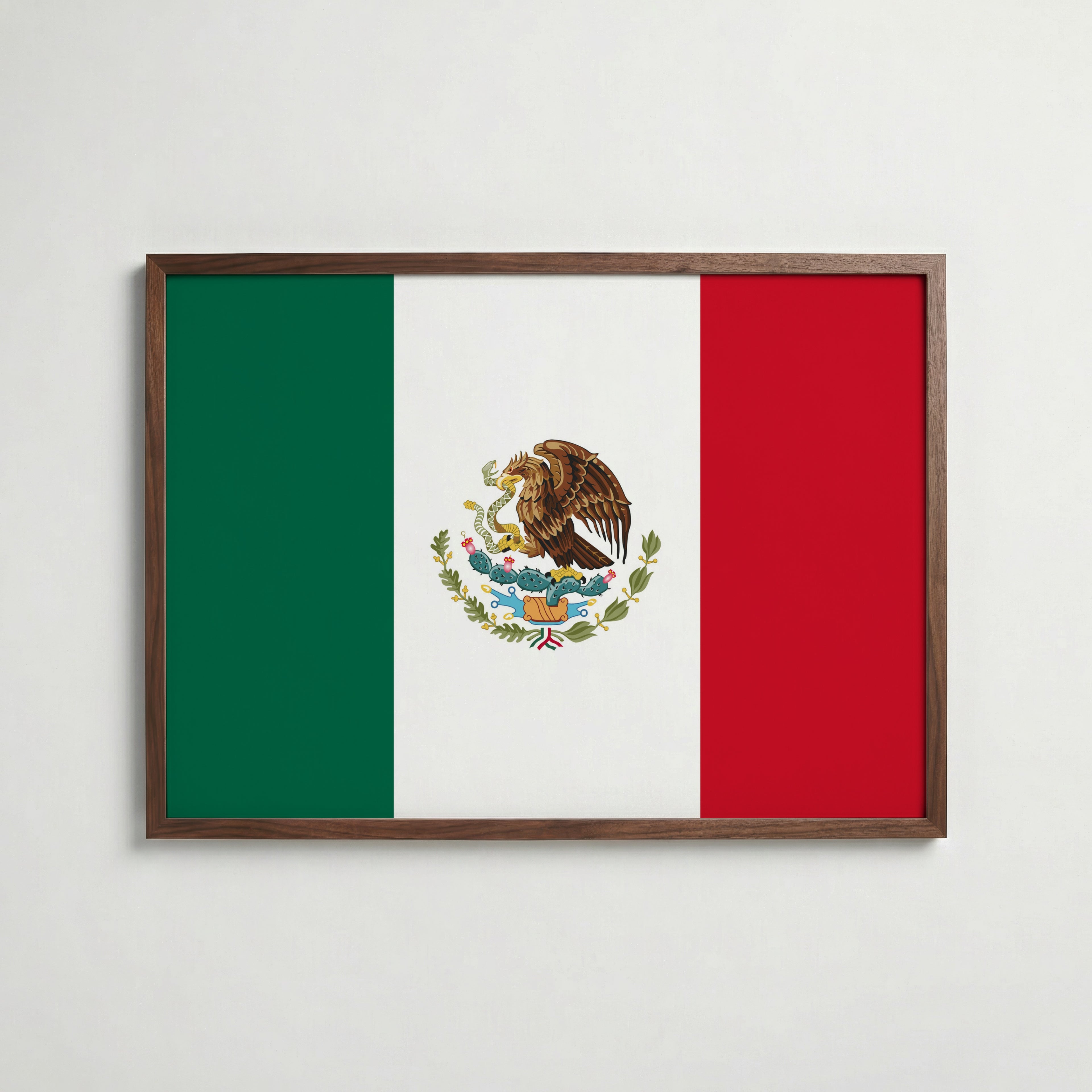 Mexico National Flag Poster i valnötsram – varm konstaffisch för hemmet från Bozetto