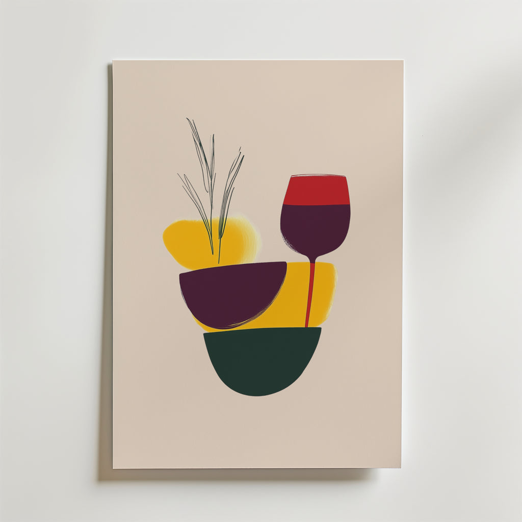 Bozetto Stacked Wine & Shapes Poster har abstrakta gula, gröna och vinröda former på premiumpapper. Den moderna väggdekoren visar staplade skålar, ett vinglas och växtstjälkar mot en beige bakgrund.