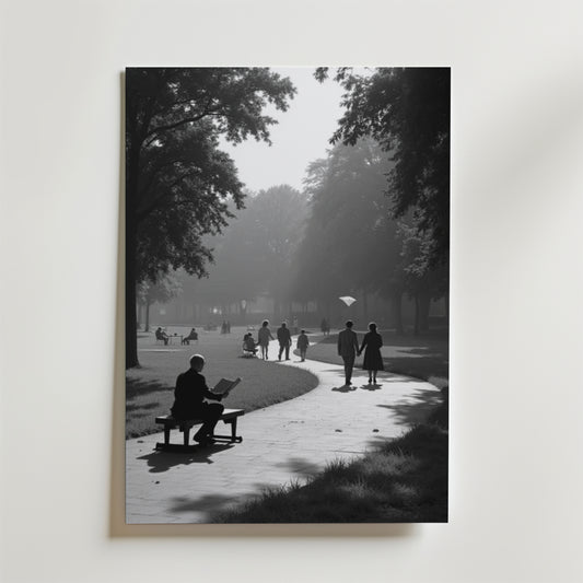 Poster Morning Stroll från Bozetto visar en svartvit scen med människor som promenerar, kopplar av och använder en laptop på en trädkantad stig under en disig himmel. Tryckt på premiumpapper med högkvalitativ finish.