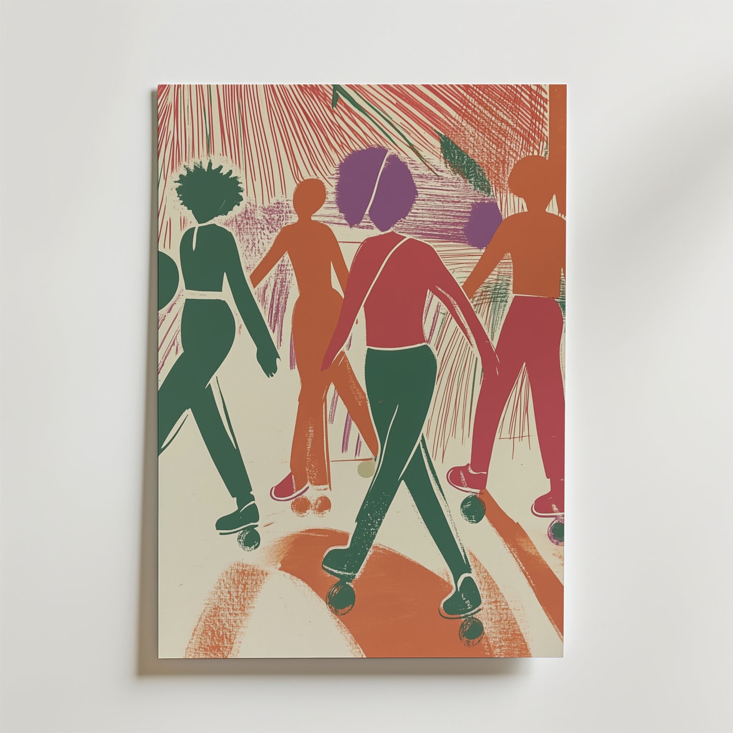 Funk on Wheels Poster by Bozetto visar fyra skaters i djärva konturer med livlig orange, rosa och grön färg på en dynamisk texturerad bakgrund - perfekt för alla utrymmen, tryckt på premiumpapper.