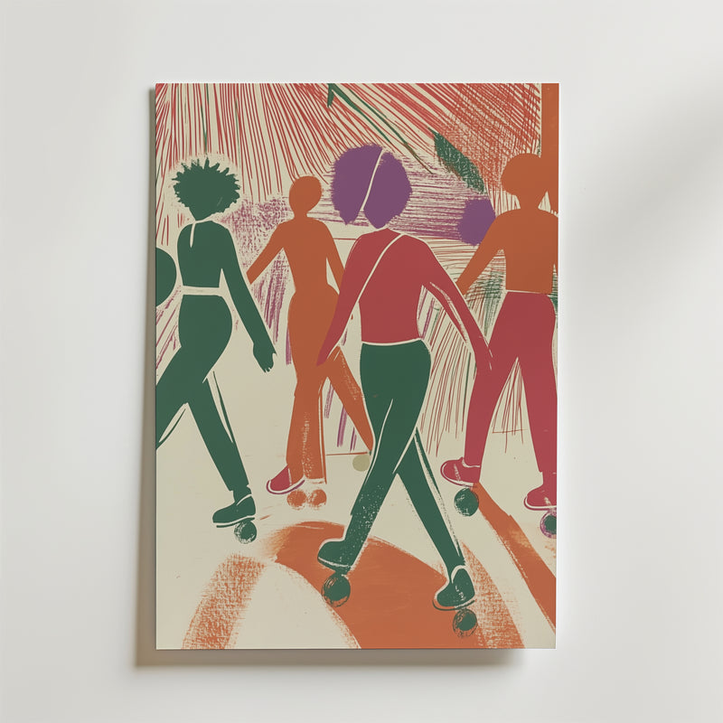 Funk on Wheels Poster by Bozetto visar fyra skaters i djärva konturer med livlig orange, rosa och grön färg på en dynamisk texturerad bakgrund - perfekt för alla utrymmen, tryckt på premiumpapper.