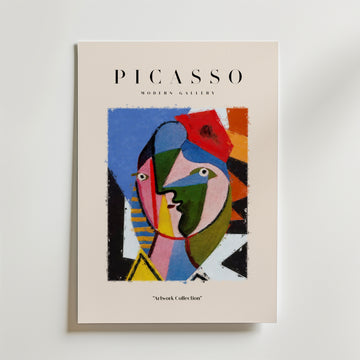 Bozetto Picasso Cubist Portrait Poster visar levande abstrakt kubistisk konst med geometriska former som bildar ett porträtt i Picassos stil. Postern har texten 