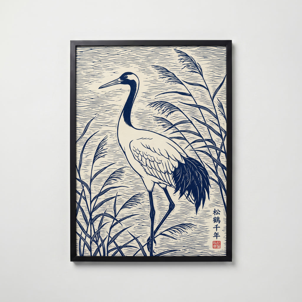 Blue Crane Linocut Poster – svart ram