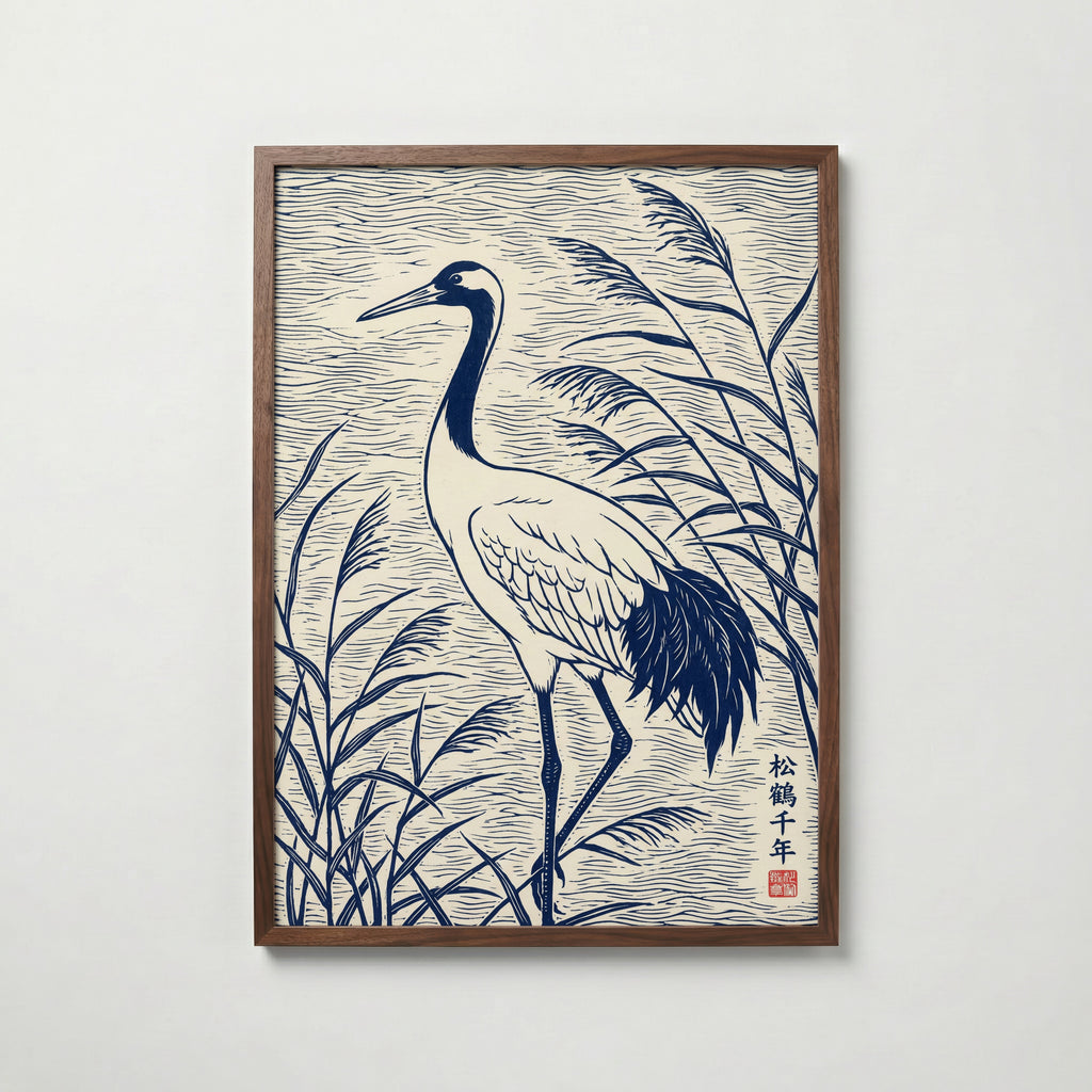 Blue Crane Linocut Poster – valnötsram