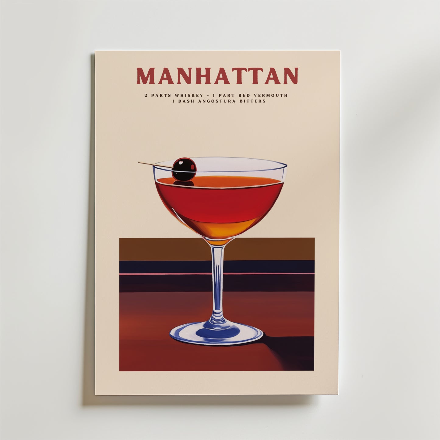 Manhattan No.2 Drink Poster från Bozetto föreställer en cocktail i coupeglas med körsbärsgarnering och receptet - 2 delar whisky, 1 del röd vermouth, 1 streck Angostura bitter - tryckt på premiumpapper, perfekt för din inredning.