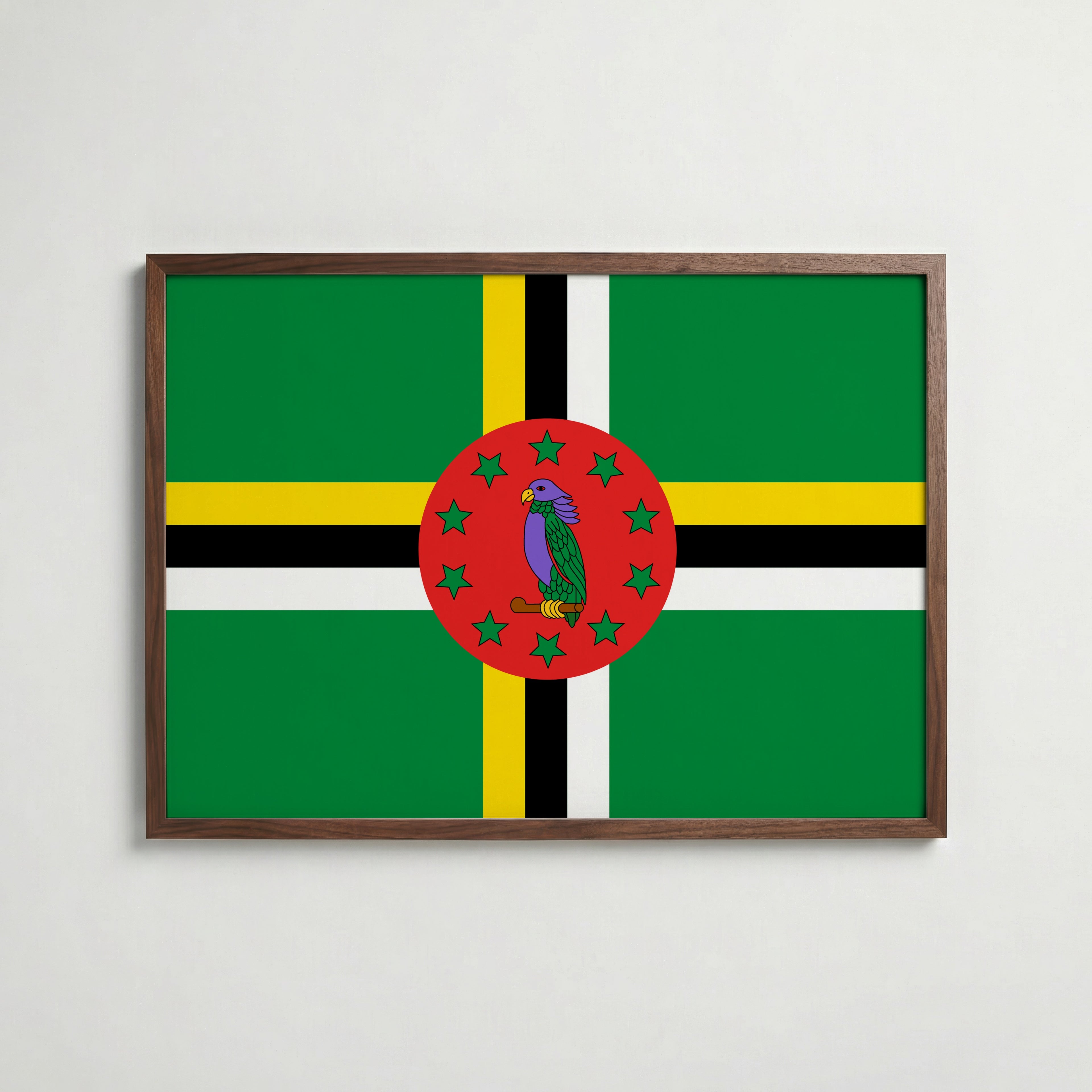 Dominica National Flag Poster i valnötsram – varm konstaffisch för hemmet från Bozetto