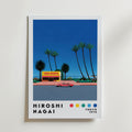Bozetto Hiroshi Nagai Tower Records Drive Poster föreställer en retro Tower Records butik, höga palmer och en röd cabriolet vid havet, med färgglada prickar och "Tokyo 1973" längst ner.