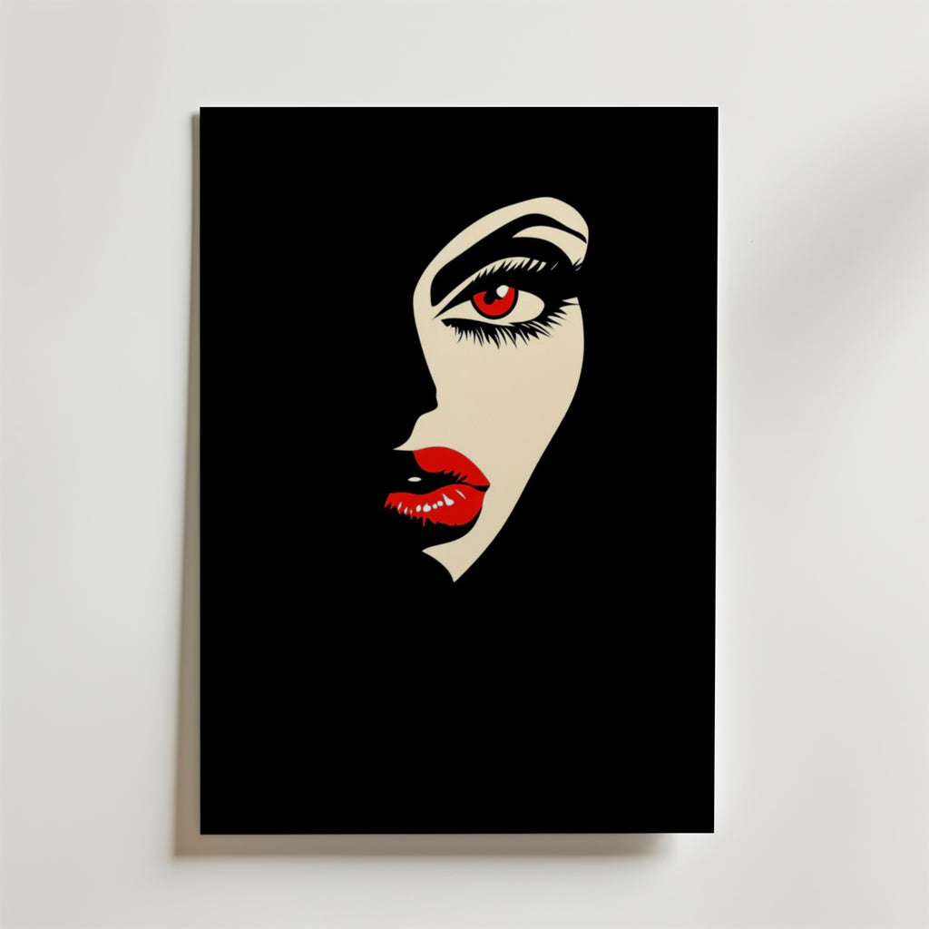 Crimson Allure Poster från Bozetto har en minimalistisk design av en kvinnas delvis synliga ansikte med blek hud, djärva röda läppar och ett livligt rött öga på svart, tryckt på premiumpapper för en slående modern look.